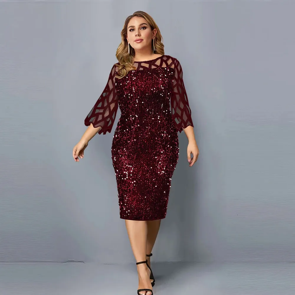 Party Dress Plus Size Ladies Midi Sequin Mesh Lång ärm Lace Elegant BodyCon XL4XL 5XL Evening Dresses Woman Summer 240319