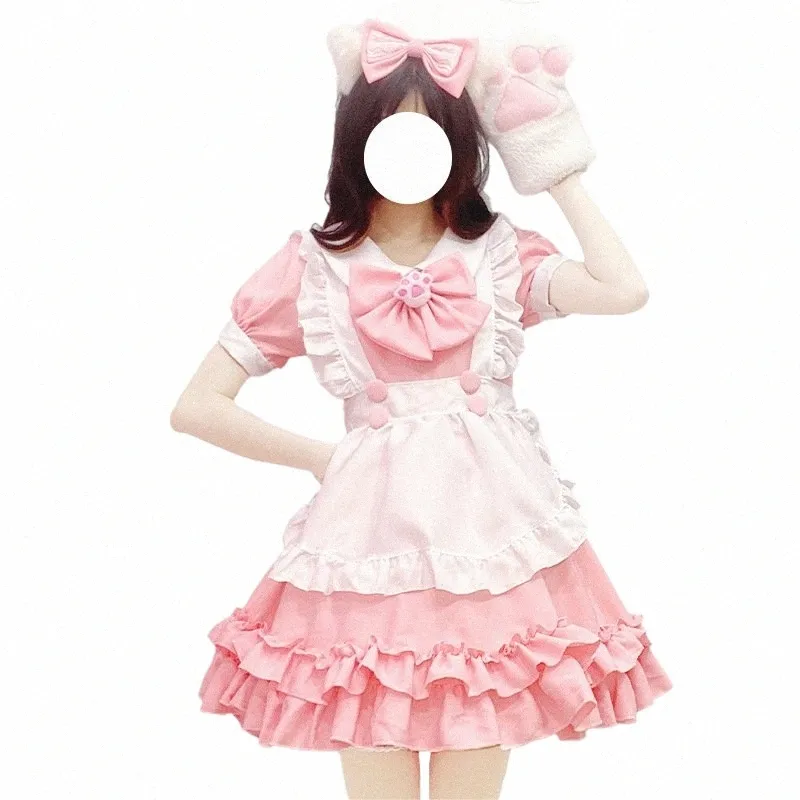 Costumes de cosplay Lolita pour étudiants, Kawaii patte de chat, nœud rose, tenues de demoiselle d'honneur en dentelle, volants, fête Princ Dr, vêtements japonais U2J3 #
