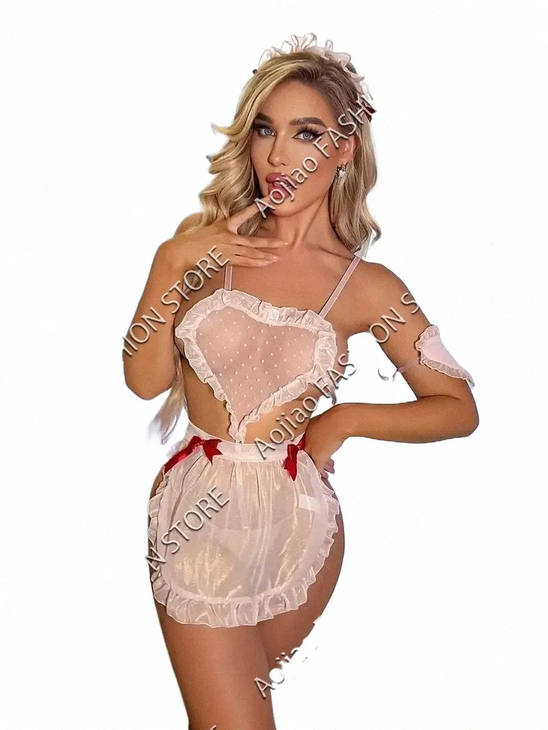 yaramaz hizmetçi rol-play kostüm kalp desen örgü bodysuit strappy fırfırlı nue bant kadın seksi iç çamaşırı iç çamaşırı k1sp#