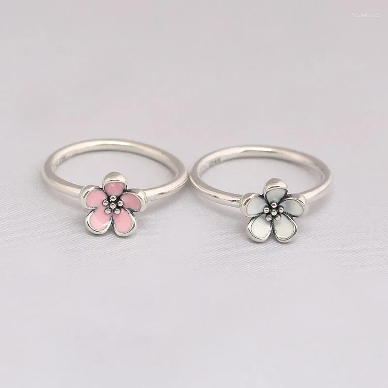 Anéis de cluster genuíno 925 prata esterlina rosa e branco esmalte flor de cerejeira anel compatível com jóias europeias