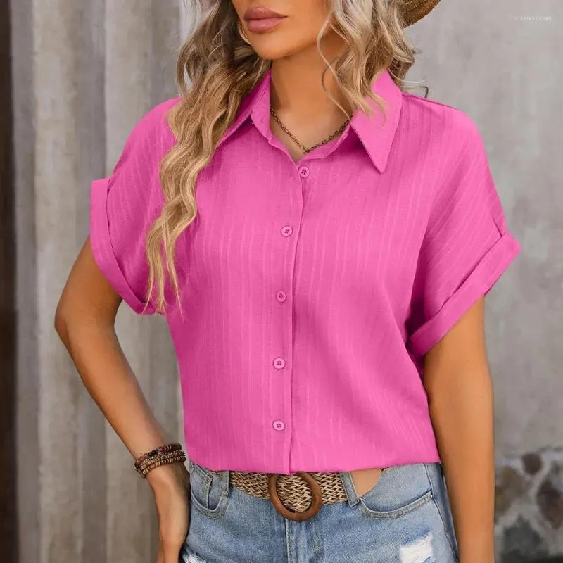 Blusas femininas lapela manga curta primavera topo elegante camisas de verão cor sólida camisa com decote em v arregaçar para um