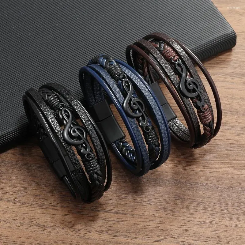 Charme pulseiras pulseira de couro masculino vintage criativo símbolo de música simples multi-camada