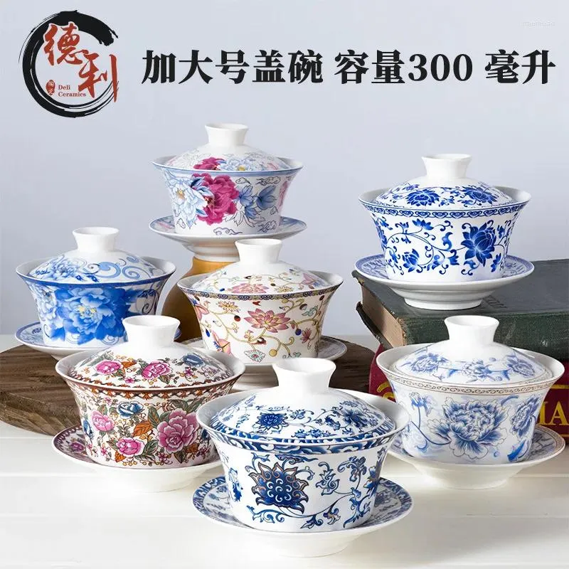 Services à thé Extra Large 300ml os chinois en céramique bleu blanc bol couvert thé bulle tasse maison décoration ami cadeau