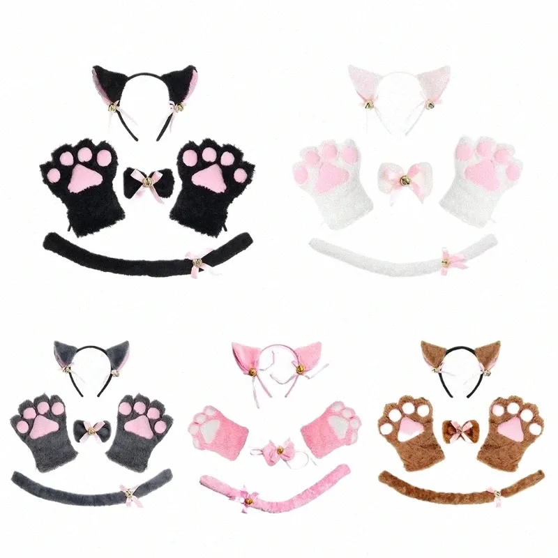 women Cat Maid Cosplay Costume Plush Ear Bell Headband Bow Tie Choker Gloves K6vs#