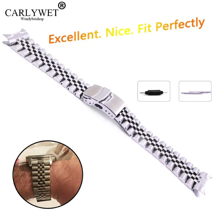 22mm Hollow Curved End Solid Screw Links Stainless Steel Silver Watch Band Strap Old Style Jubilee Bracelet Double Push Clasp290n