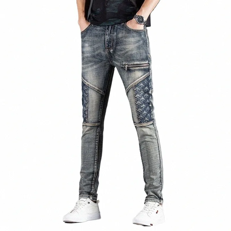 Jeunes Slim Fit Stretch Pantalon droit Biker Jeans Streetwear Persality Zipper Couture Broderie Pantalon en denim pour hommes à la mode e4v3 #