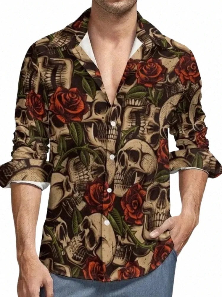 Luxury Skull Floral LG Sleeve Shirt Men Hawaiian Slim Fit 3D Druku