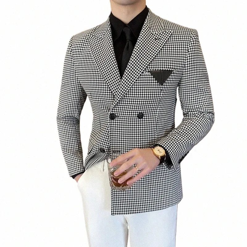 Houndstooth Blazer Hombre Vêtements de luxe coréens Double boutonnage Blazers Vestes pour hommes Busin Casual Slim Fit Costume Manteaux 3XL o8Ke #