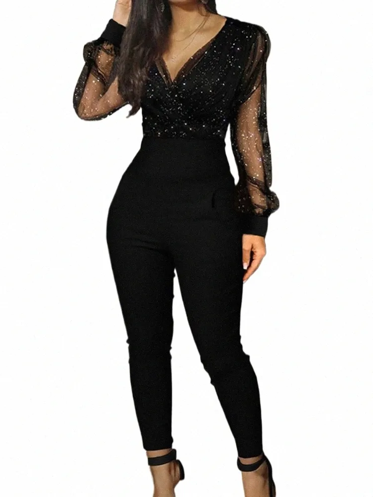 rompers Womens Jumpsuit Black Elegant Sequins Mesh Glitter Party Night Sexy 2022 Spring Lg Pants One Piece Clothes Overalls M3As#