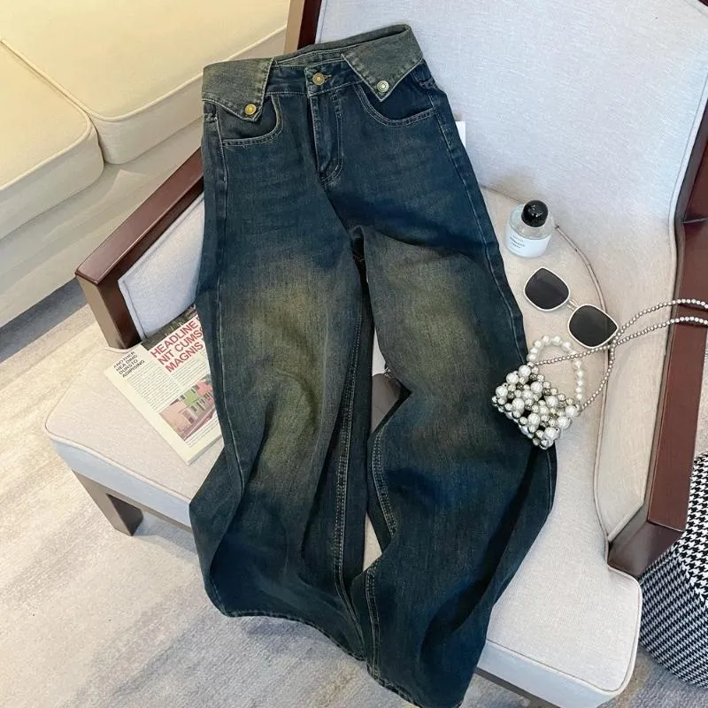 Jean bleu taille haute avec boutons pour femmes, Streetwear, jambes larges, confortable, Style américain, pantalon droit, à la mode, 2024