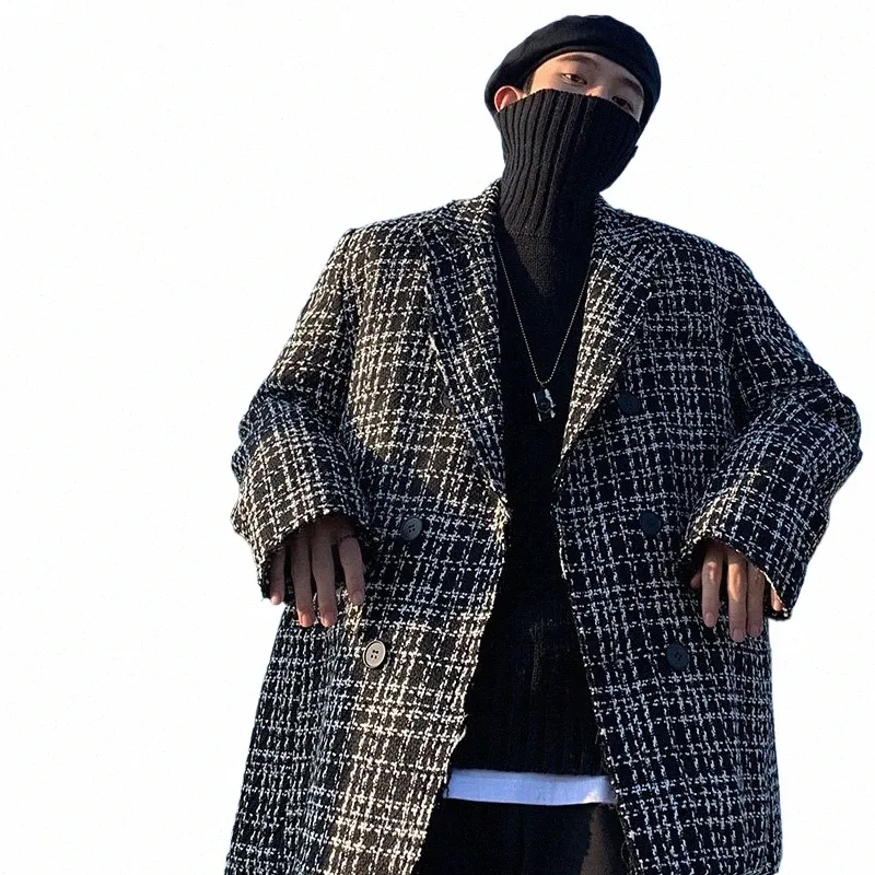 koreansk stil trend pläd blazers män fritid lös kostym jackor manliga par streetwear höst all-match kostym-toppar svart/vit y9ge#