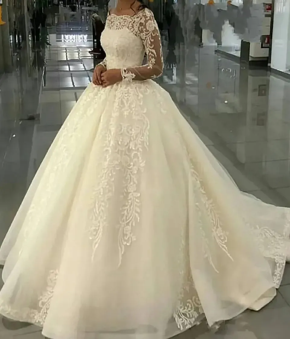 Open Back Long Sleeve Appliques A Line Sheer Wedding Dress