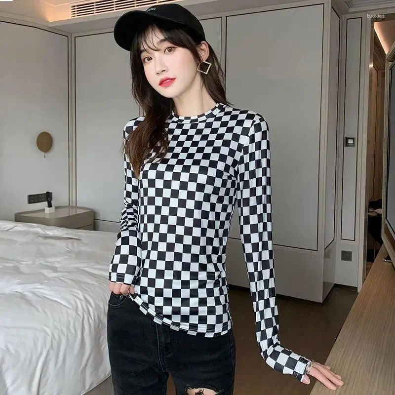 Women's T Shirts Fall Clothing For Women 2024 Shirt Crop Top Korean Style Fashion Long Sleeve Vintage Plaid