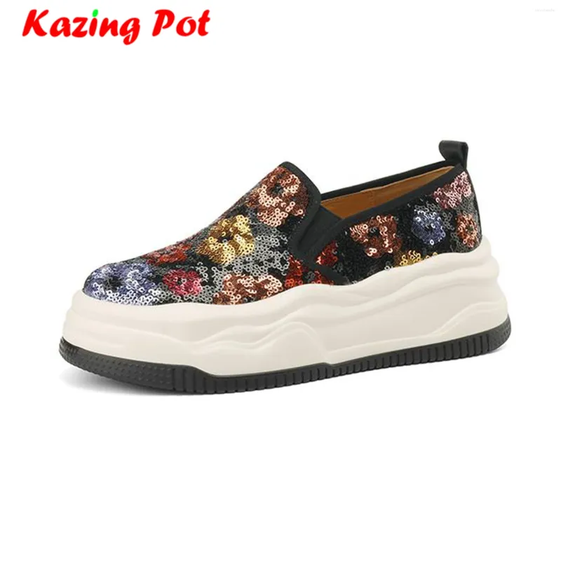 Freizeitschuhe Krazing Pot Pailletten Stoffapplikation Naturleder Dicker Boden Plattform Slip On Sneakers Müßiggänger Damen Vulkanisiert