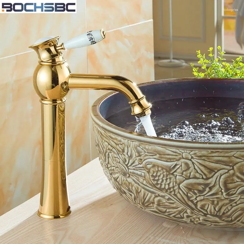 Robinets d'évier de salle de bains BOCHSBC robinet en céramique dorée, mitigeur de cuisine Antique, Style Vintage européen, robinet d'eau d'art complet