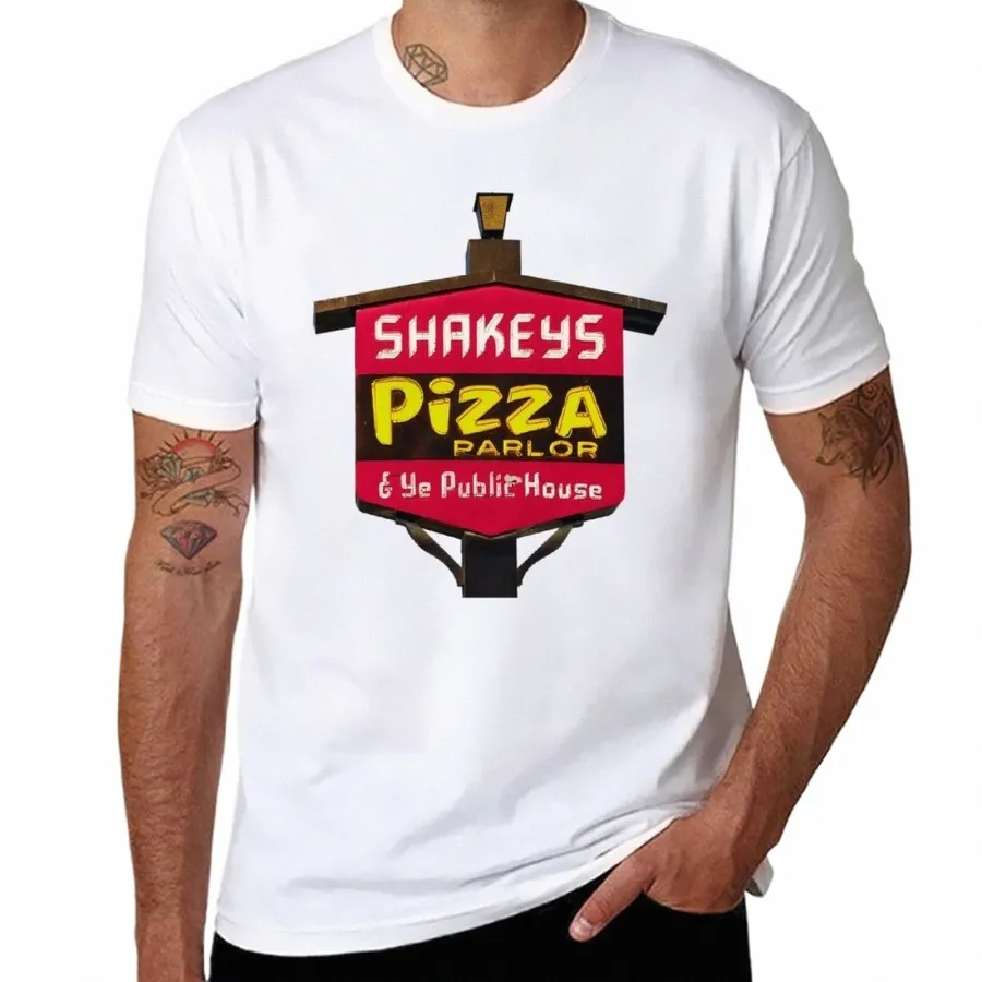 Rendering realistico del classico anni '70 Shakey's Pizza Parlour Marquee T-shirt tinta unita estivo top carino tinta unita magliette bianche da uomo f03U #