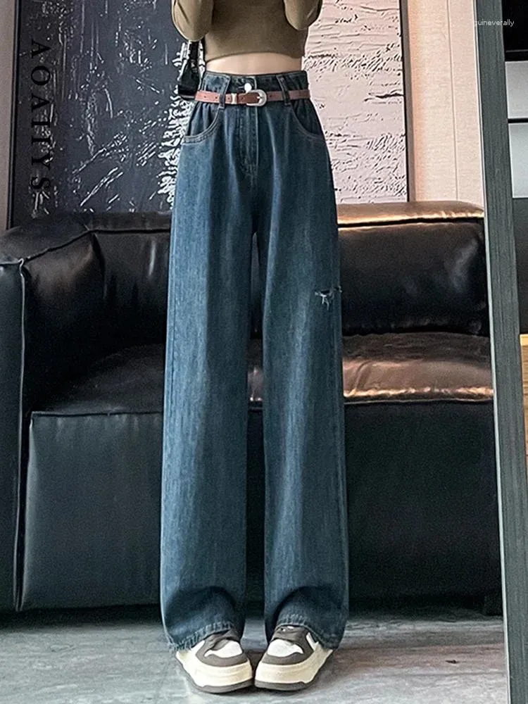 Dżinsy damskie Aoaiiys Blue rozerwane dla kobiet dżinsowe spodnie y2k z pasem mody wysokiej talii streetwear na pełną długość szerokiej nogi