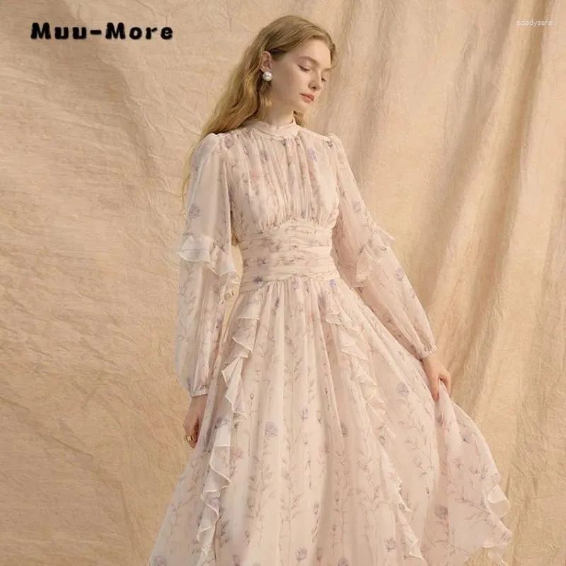 Sukienki swobodne wróżki słodki styl długoterminowy printing Midi 2024 Spring Kobiety eleganckie okrągłe drewniane drewno