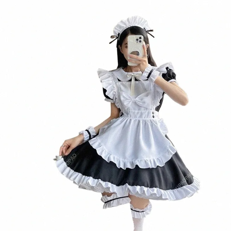 Noir mignon Lolita Bowknot Maid Dr Costumes Cosplay Bow Girl Maid Dr Costume pour Waitr Maid Party Costumes de scène S -5XL k8KE #