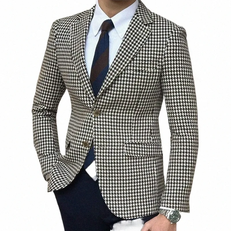 Houndstooth Plaid blazer för män en bit kostymjacka med 2 sidoslits slim fit casual manlig kappa fi kläder 2023 z07j#