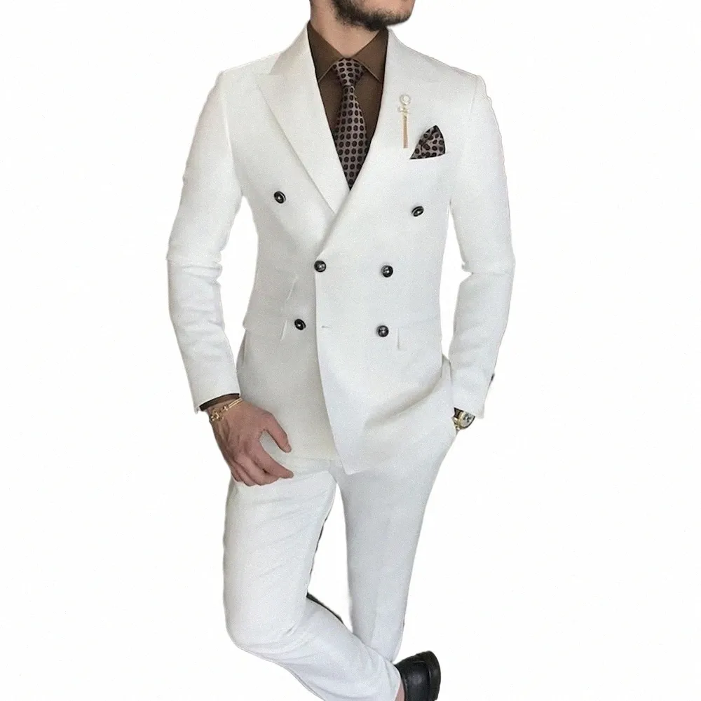 Stevditg Elegante Witte Herenkostuums Double Breasted Peak Revers Formele Ocn Bruiloft Bruidegom Volledige Set Tailor 2 Stuk Jas broek U6Sp #