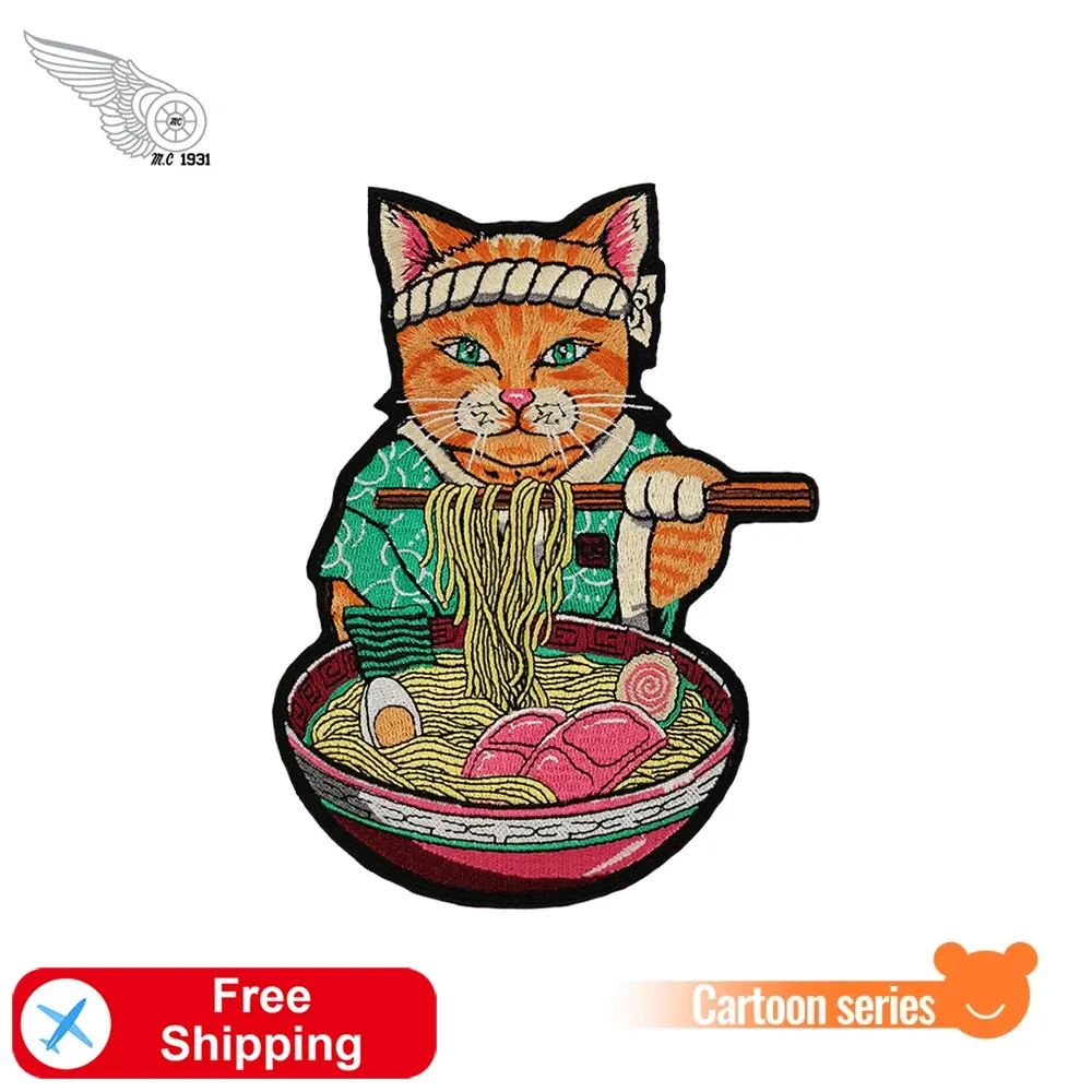 Acessórios gato samurai com macarrão bordado remendos de artesanato japonês ferro para roupas diy jaquetas personalizadas costura adesivos de desenhos animados