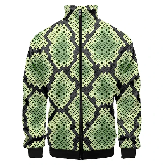 Mens Snake Skin Zip Up Hoodie: Green 3D Harajuku Oversized Jacket