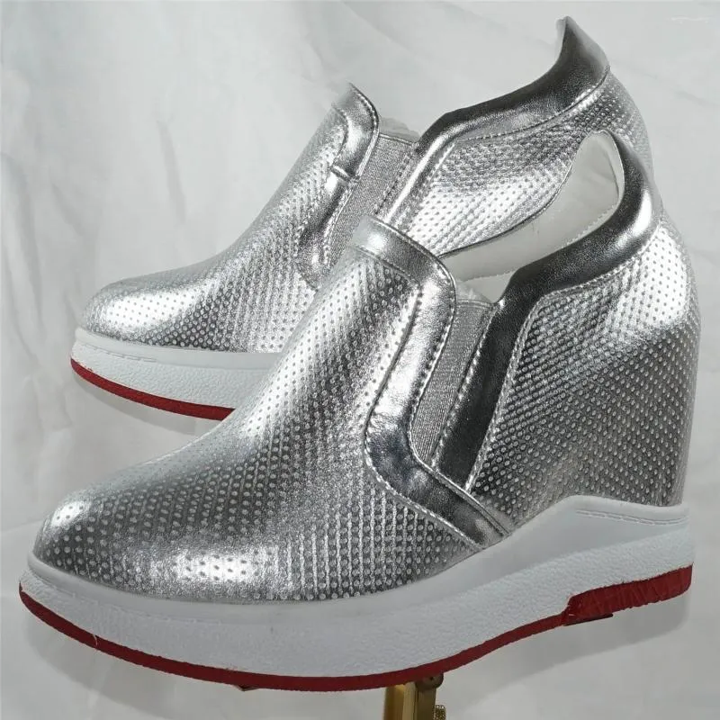 Scarpe casual Décolleté con plateau argento Zeppe da donna in vera pelle Scarpe da ginnastica alla moda con punta tonda vulcanizzata tacco alto