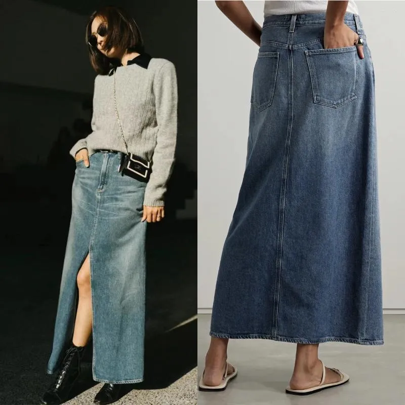 Женские джинсы 2024 ранняя весна Savi То же самое высокое талия спереди, промытая синяя джинсовая длинная юбка для женщин AG071
