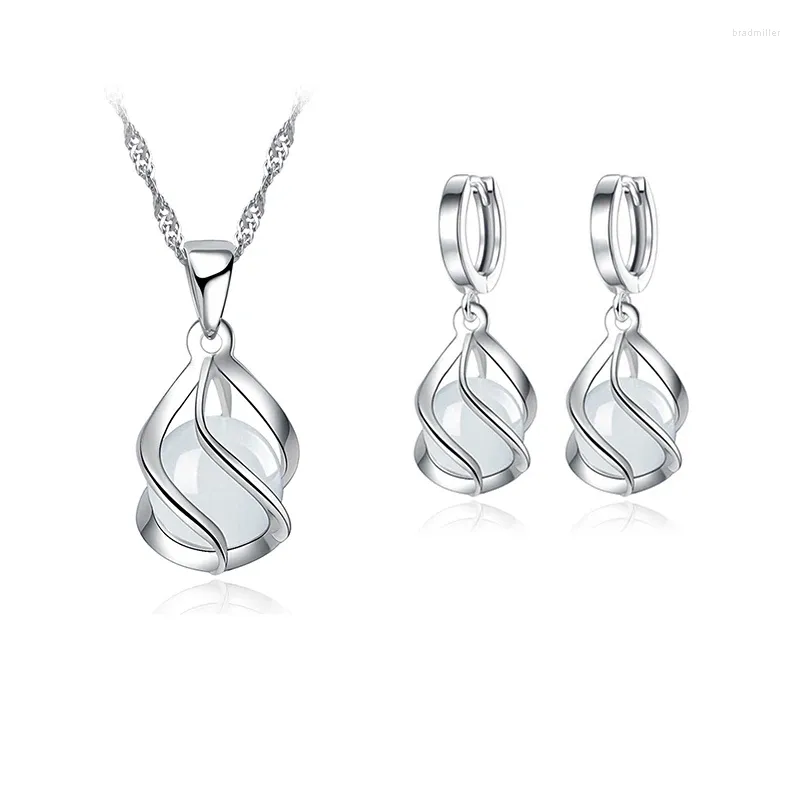 Necklace Earrings Set Simple Women Jewelry 925 Sterling Silver Opal Round Agate Hollow Long Dangle Pendant Sets