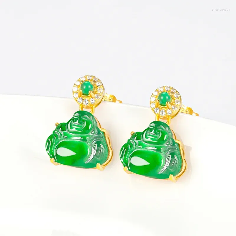 Orecchini pendenti Giadeite naturale di grado A Buddha verde Tipo maschile Giada Moda S925 Argento intarsiato Regali per donna Gioielli Goccia