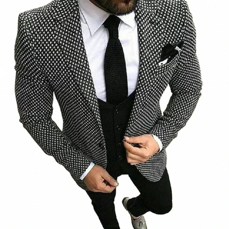 Noir Blanc Motif Tweed Hommes Costume Slim Fit Costumes De Mariage Floral Pour Hommes Marié Tuxedo 3 Pièces Personnalisé Prom Blazer Terno W8ip #