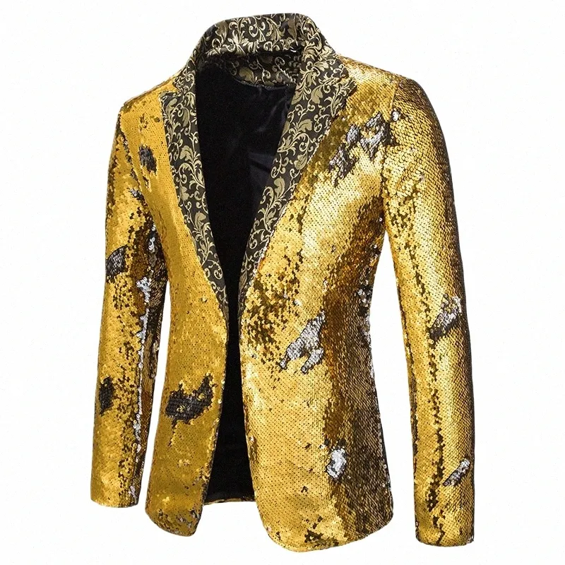 Luxe Or Paillettes Glitter Veste Hommes Slim Fit Cranté Revers Blazer Veste Hommes Discothèque Scène Chanteurs Blazers Costume Homme Q4WK #