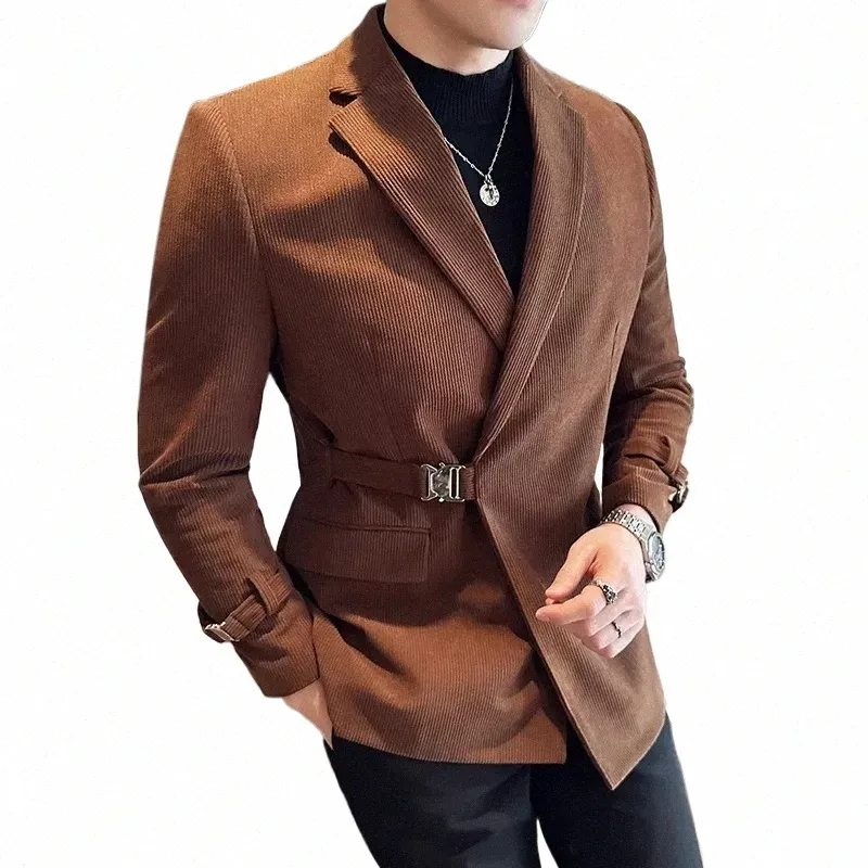 Haute qualité hiver velours côtelé costume veste hommes Fi boucle Decorati décontracté Busin Blazers mariage marié Banquet Dr manteau K87M #