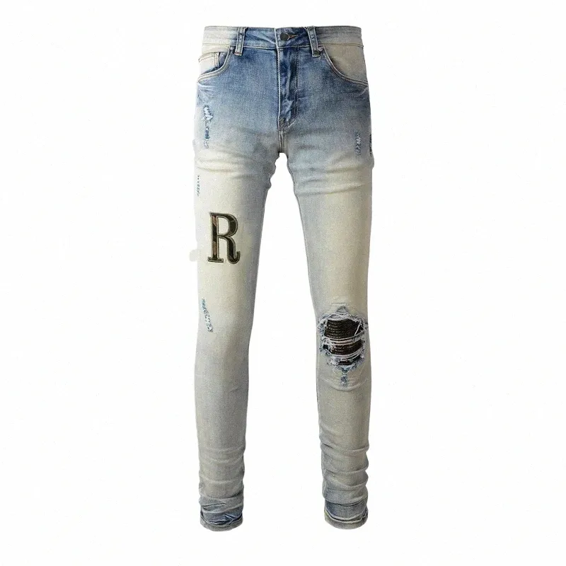 Streetwear Fi Uomo Jeans Retro Azzurro Stretch Slim Fit Foro Jeans strappati Uomo Marca Patch Designer Pantaloni Hip Hop Hombre k0Gd #