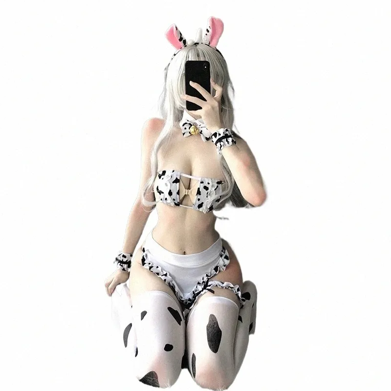 Anime Maid underkläder Square Cup Mini Bra G-String Apr Pannband Strumpor Bikini Womens Erotic Milk Cow Cosplay Costume A73X#