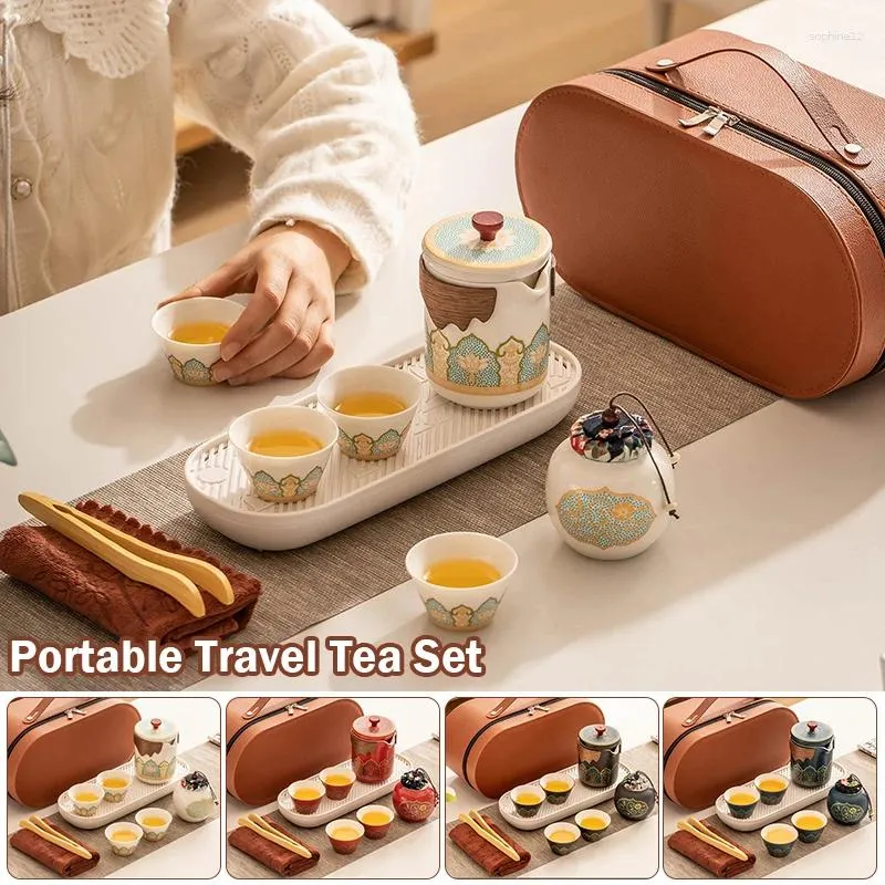 TeAware Setleri Seramik Çay Kupası Kamp Taşınabilir Porselen Çaydan Töreni Çin Gongfu Set Seyahat Çantası Caddy Coffe Pot