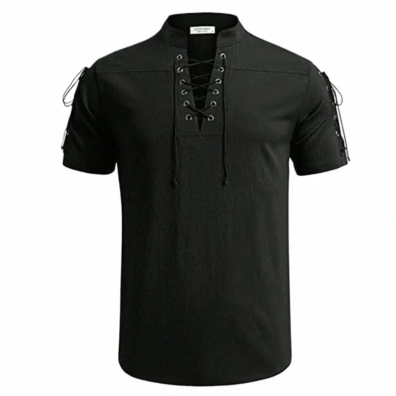 Été Nouveaux hommes Chemise à col en V T-shirt à manches courtes pour hommes Cott et Lin Led T-shirt décontracté pour hommes Chemise pour hommes Tops respirants B9UC #