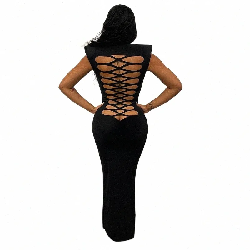 cutenova Women Black Noble Maxi Dr Stand Neck Sleevel Shoulder Pad Lg Dr Backl Hollow Out Sexy Evening Gown j450#