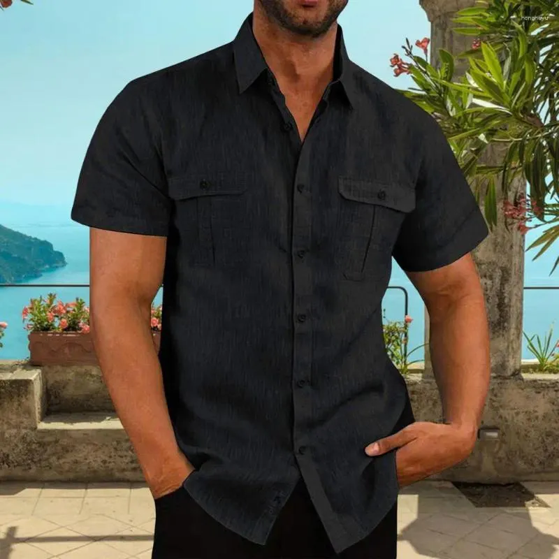 メンズカジュアルシャツメンズビーチシャツのソリッドカラーチェストポケットターンダウンカラー軽量通気性のあるスタイリッシュなビジネス
