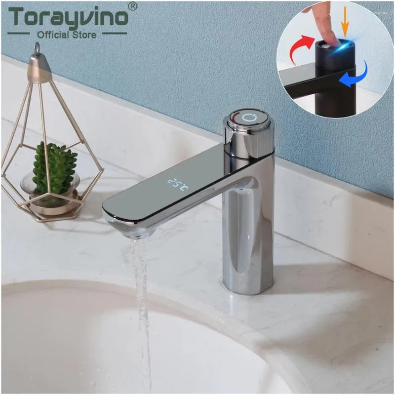 Bathroom Sink Faucets Torayvino Luxury Temperature Display Faucet Deck Mounted Basin Rotary Switch Washbasin Mixer Water Tap