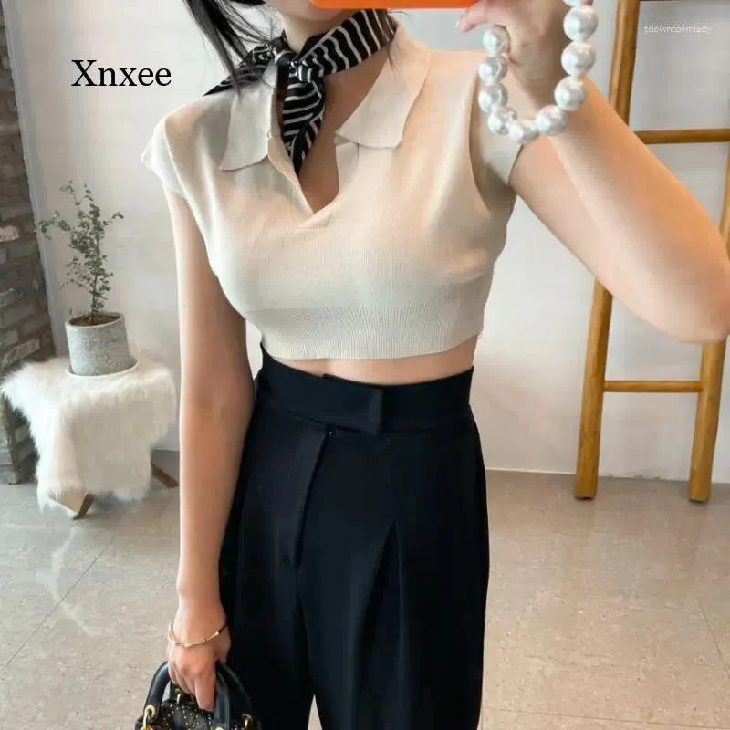 Kvinnors T-skjortor LAPEL TOPS Korean Chic Summer SimpleLim Casual All-Match Short Sweater T-shirt Women Design Girl Skinny