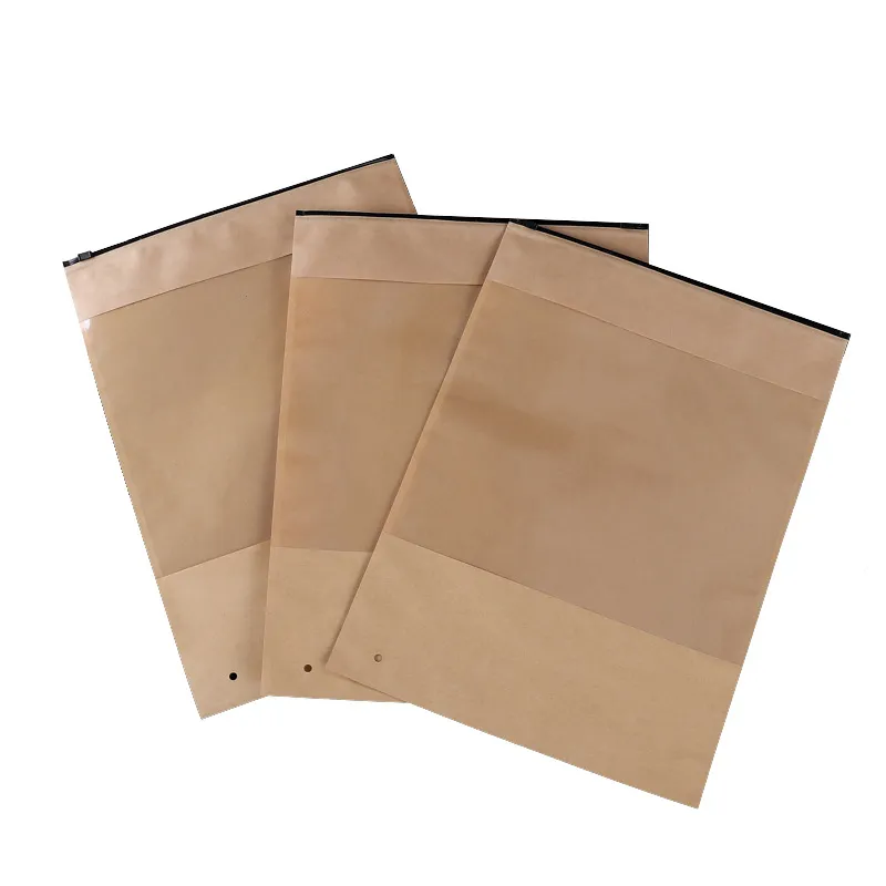 29x39cm Kraft Paper Clothing Zipper Bag Large Window Opening Underwear Clothing Bag Retail Packaging Bag Gift Package bags