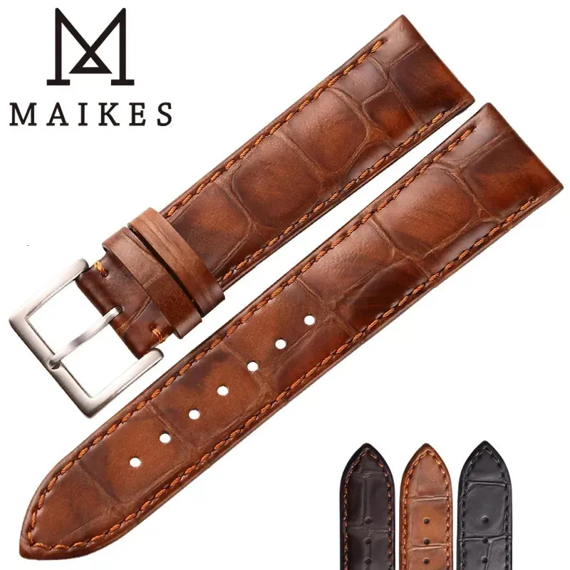 Maikes 정품 가죽 스트랩 시계 액세서리 수제 워치 밴드 18mm 20mm 22mm 라이트 브라운 블랙 시계 브레이슬릿 밴드 240313