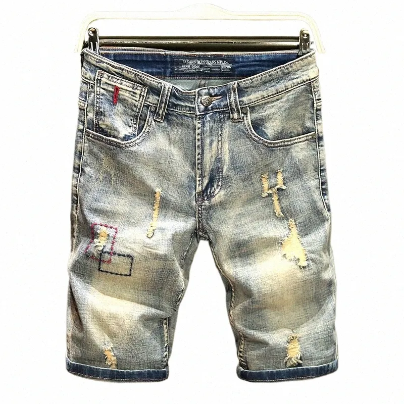 Zomer gescheurde denim shorts heren trendy slanke vijfpuntsbroek student nostalgische shorts dunne secti mannen korte jeans p3Dj #