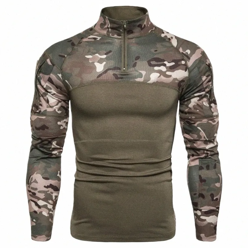Europäischen Stil männer Militär Outdoor T Shirt Neue Fi Fitn Camoue Lg Ärmeln Reißverschluss Kragen Tasche T-shirts J95B #
