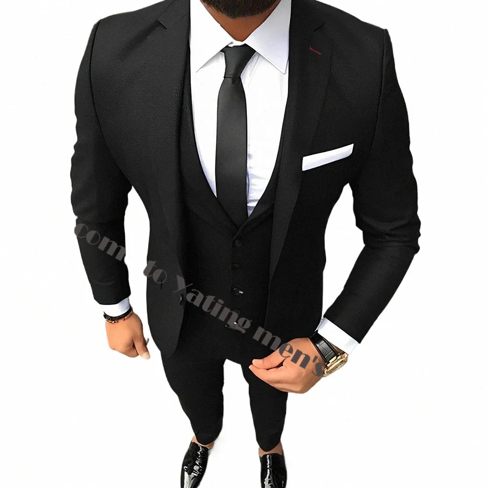 Black Formal Men's Suit Jacket Pants Vest 3 Piece Set Busin Office Outfit Wedding Groom Tuxedo för manlig elegant kostym T2H9#