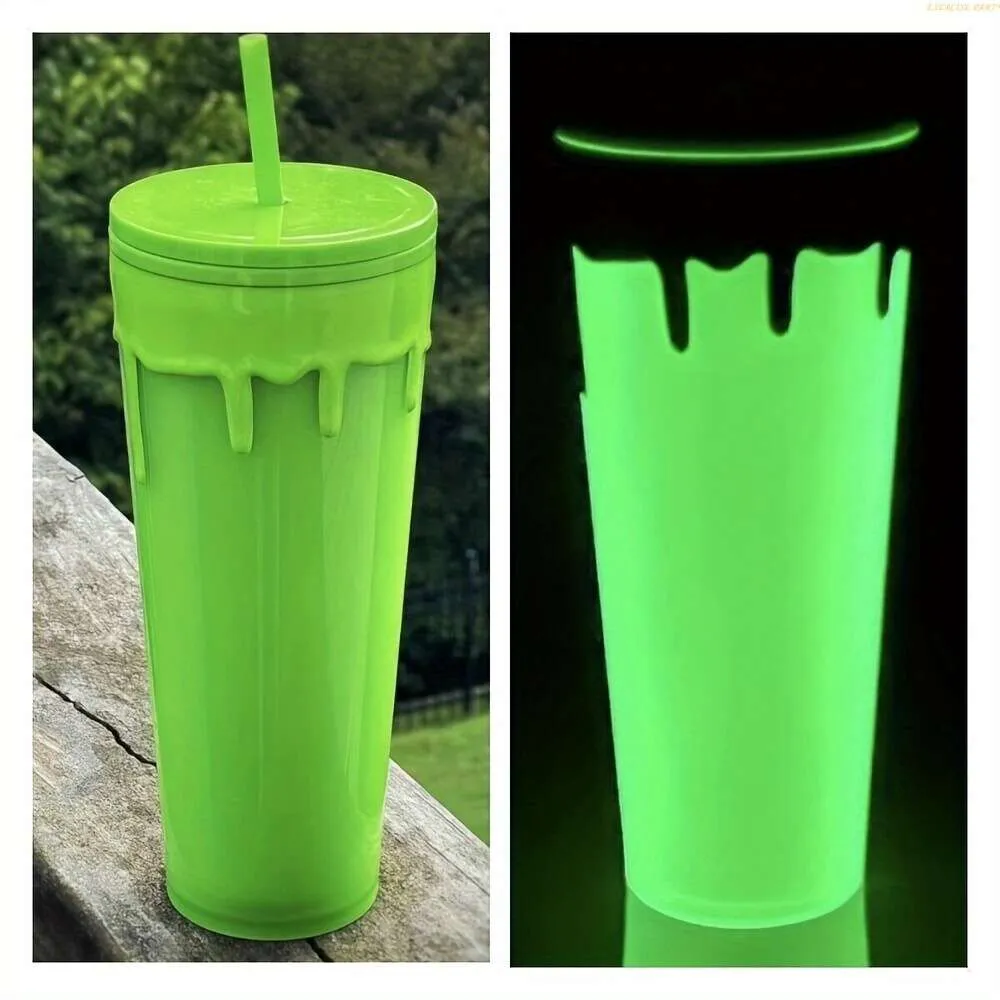 1pc, vaso luminoso con tapa y paja, botella de plástico de doble pared de 24 oz/710 ml, brillo en las tazas de agua oscura, software de bebidas de invierno de verano, accesorios de viaje,