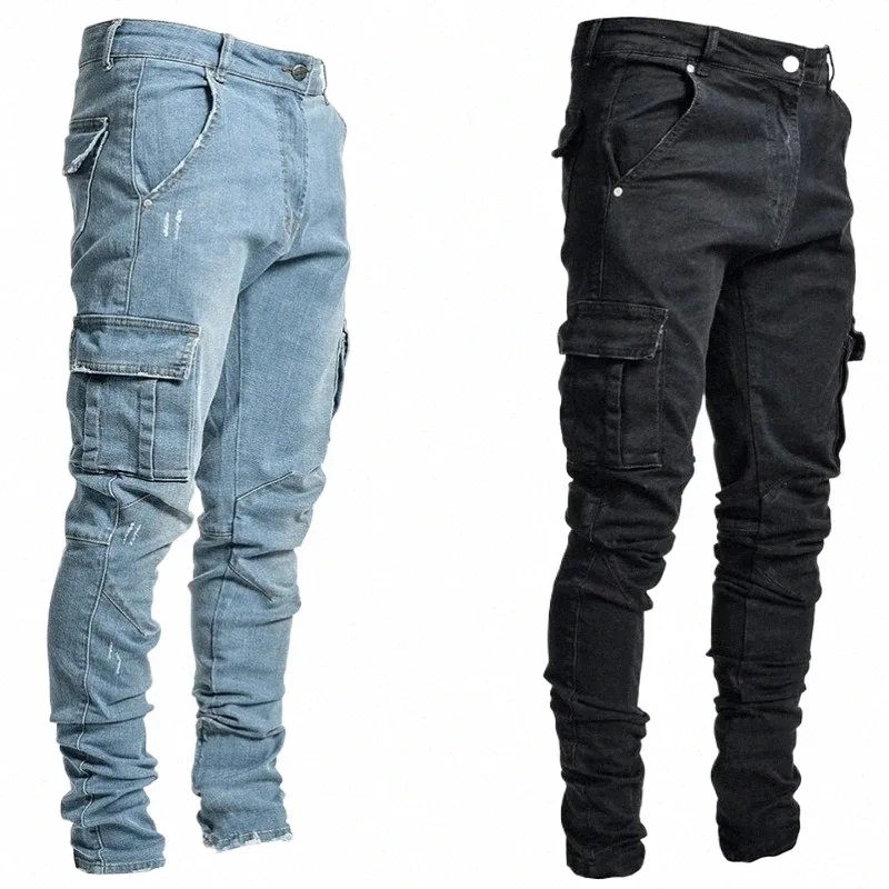Jeans Hombres Pantalones de carga negros Bolsillos múltiples Denim Pantales Blue Slim Fit Overol Hombre Fi Casual Streetwear Pantalones 4XL D0cc #