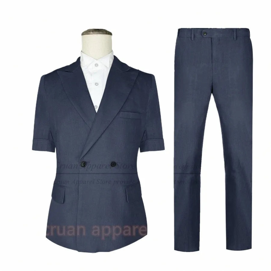 fi Set di abiti di lino blu navy per gli uomini Abiti casual per le vacanze estive Festa di compleanno Pantaloni corti blazer su misura slim fit H7Xu #